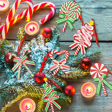 10Pcs Christmas Candy Lollipop Ornaments for Christmas Tree Decorations- Glitter Hanging Candy Cane Ornaments Polymer Clay Christmas Peppermint Decor with Ribbon for Xmas Tree Holiday Party Home Decor